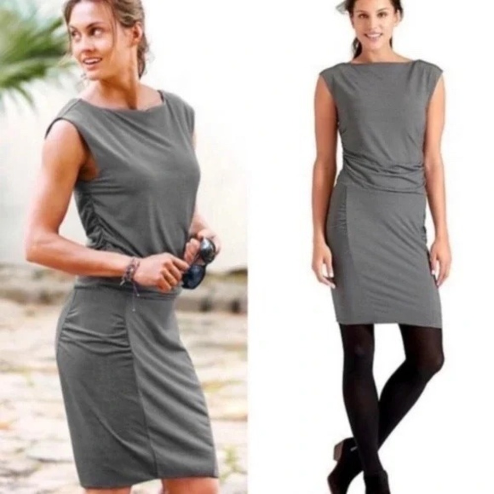 Athleta Westwood Micro Striped Ruched Dress Gray Large‎ Sides Stretchy Jersey